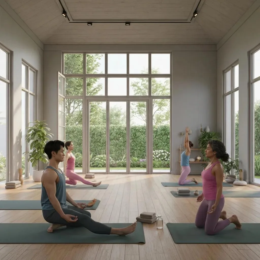 Participants in a yoga class practicing holistic therapy techniques in a serene detox center setting, emphasizing relaxation and wellness during the detoxification process.