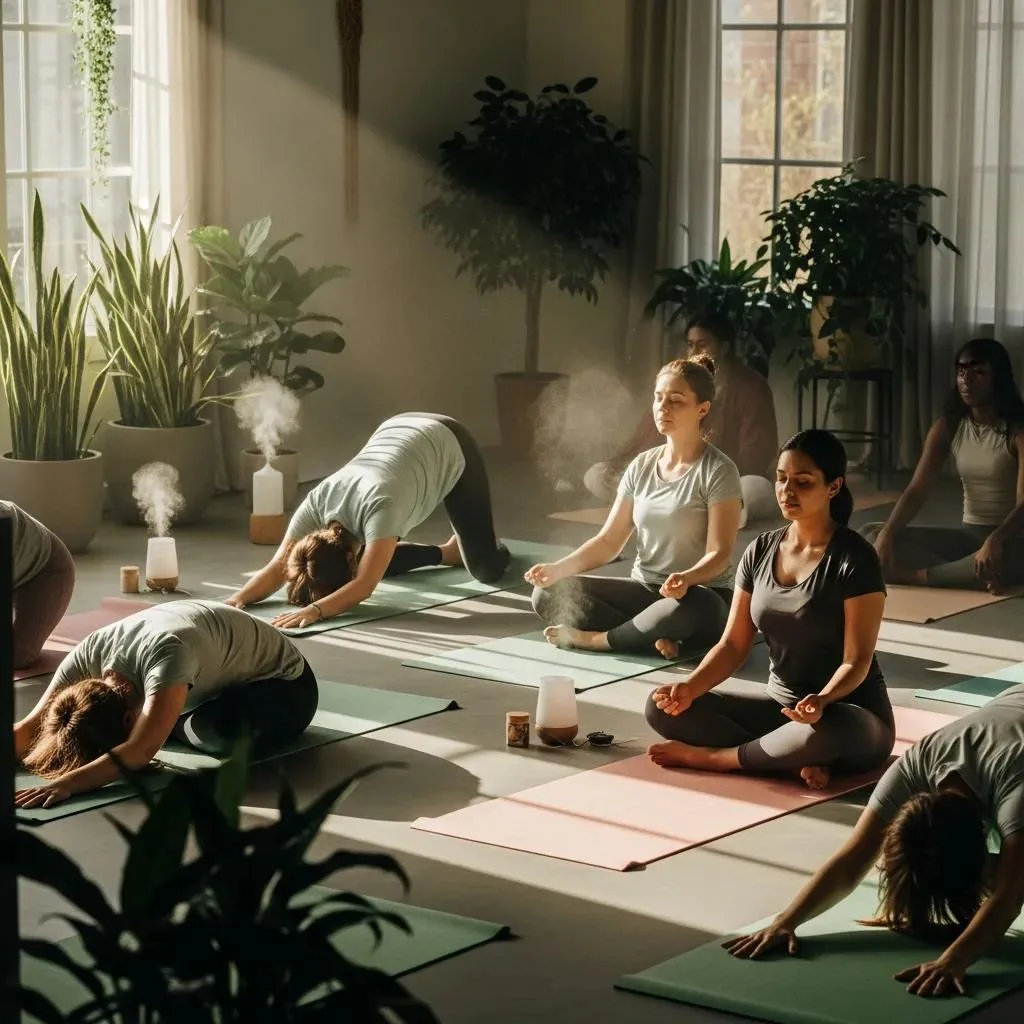 Meditation &Amp; Mindfulness In Addiction Recovery Participants in a yoga class practicing mindfulness and relaxation techniques, surrounded by plants and soft lighting, highlighting holistic therapies for addiction recovery.