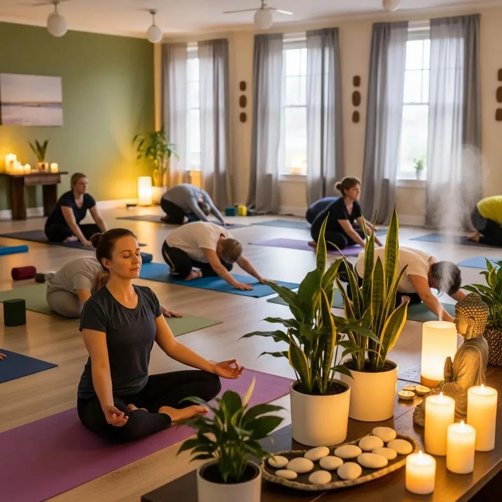 Dual Diagnosis: Integrated Treatment For Co-Occurring Disorders Participants in a yoga class practicing mindfulness in a serene studio setting, surrounded by plants, candles, and decorative stones, emphasizing holistic therapies for recovery and well-being.