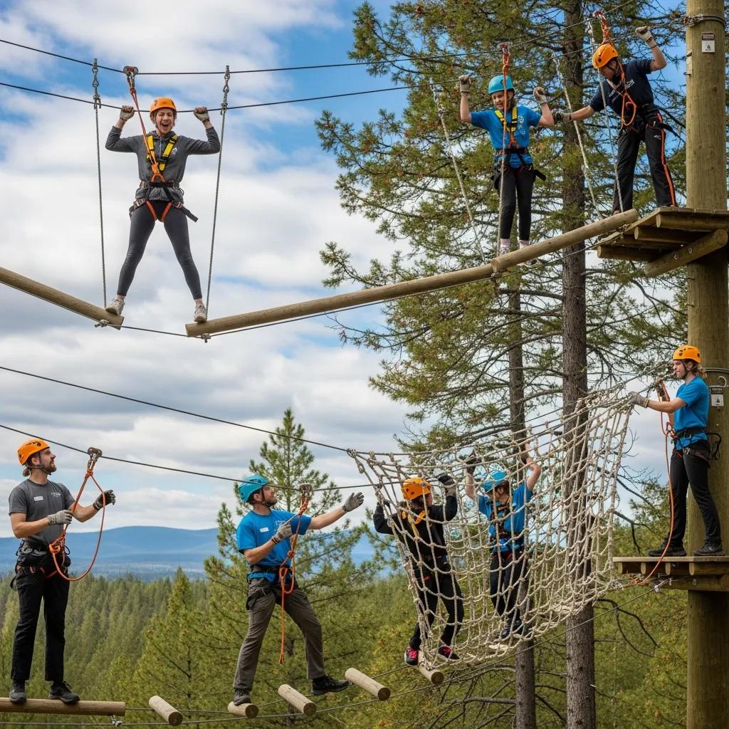 Participants Navigating A Ropes Course During Adventure Therapy — Teamwork And Supportive Coaching In Action