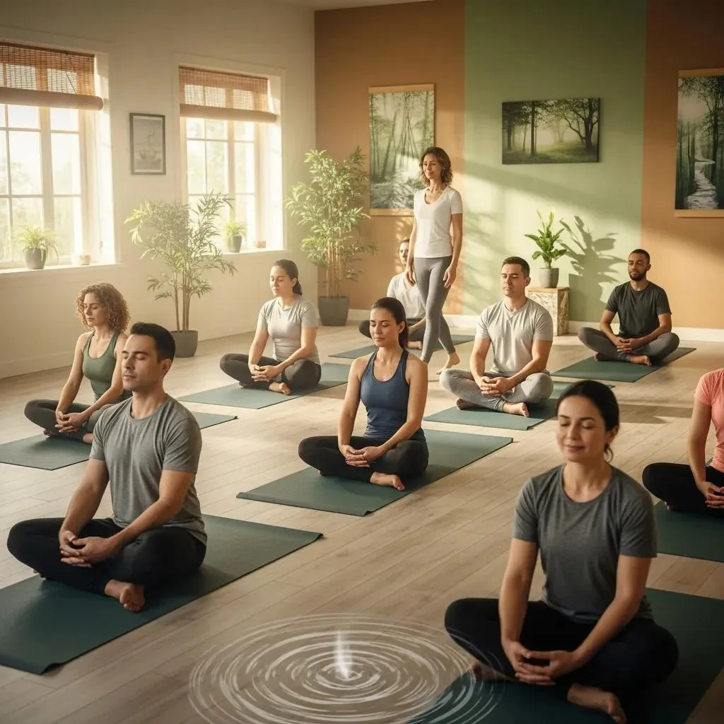 Opioid Addiction: Understanding The Crisis &Amp; Recovery Participants practicing yoga and mindfulness in a serene studio environment, promoting holistic therapies for opioid recovery, with mats, natural light, and plants enhancing the calming atmosphere.