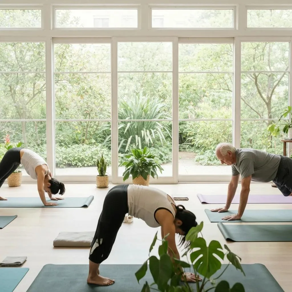 Addiction Treatment Center Serving Enterprise, Nevada Participants practicing yoga in a bright studio, emphasizing holistic therapies for addiction treatment, with a focus on stress management and emotional balance.