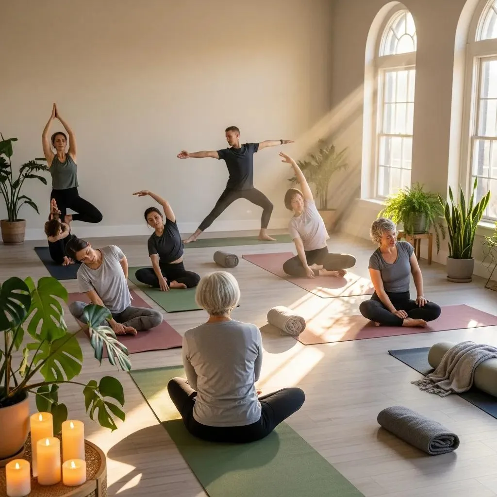 Finding Purpose &Amp; Meaning In Addiction Recovery Participants Practicing Yoga In A Sunlit Studio, Illustrating Holistic Therapies For Personal Growth In Sobriety