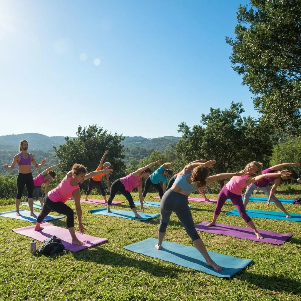 Group practicing yoga outdoors, enhancing body awareness and stress reduction, part of holistic addiction recovery therapies in Las Vegas.