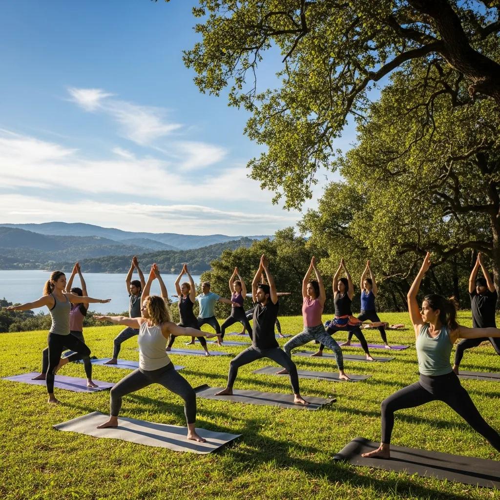 Group practicing yoga outdoors, promoting holistic wellness and recovery, surrounded by nature with mountains and lake in the background.