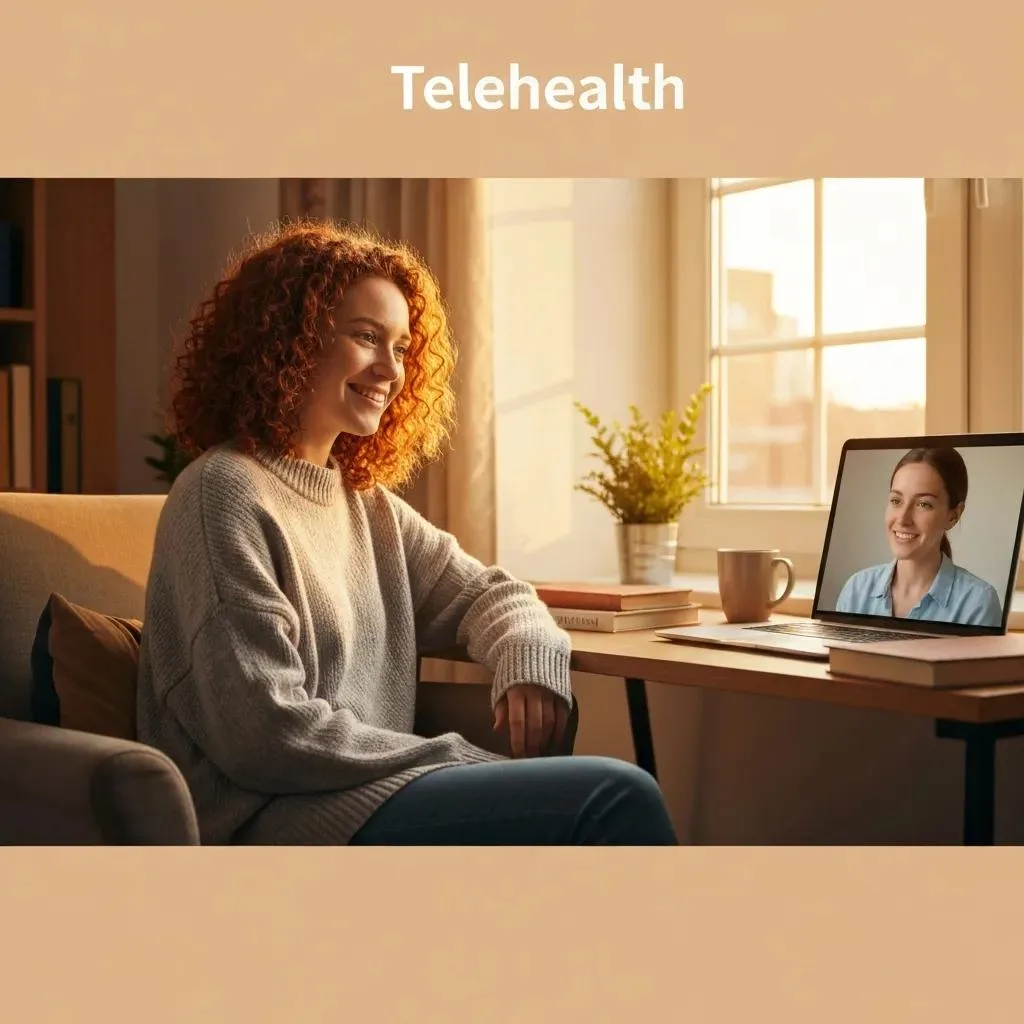 Addiction Treatment Center Serving Spring Valley, Las Vegas Woman engaging in a telehealth session for outpatient addiction treatment, showcasing accessibility of care with a laptop and a warm home setting.