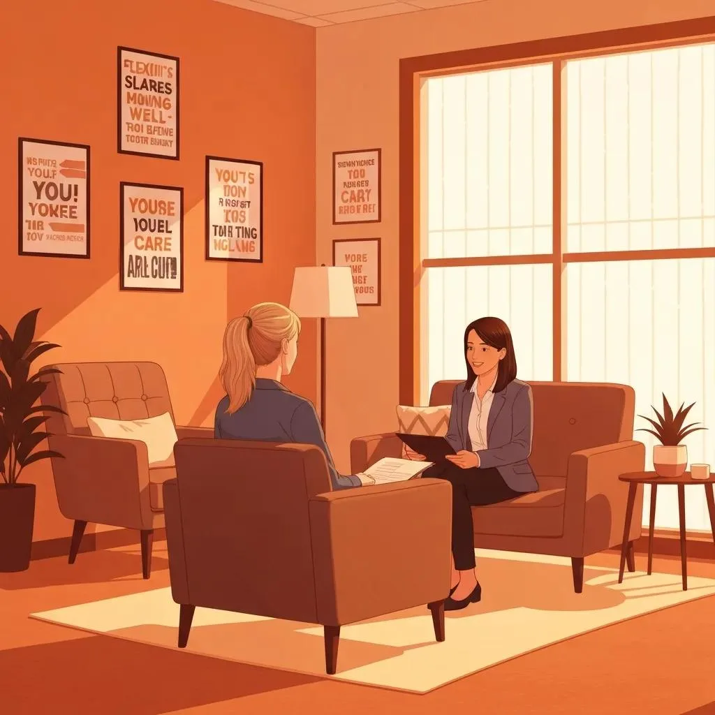 Patient in counseling session for outpatient opioid treatment in a supportive environment with two women seated in comfortable chairs, discussing care and recovery options, surrounded by motivational posters.