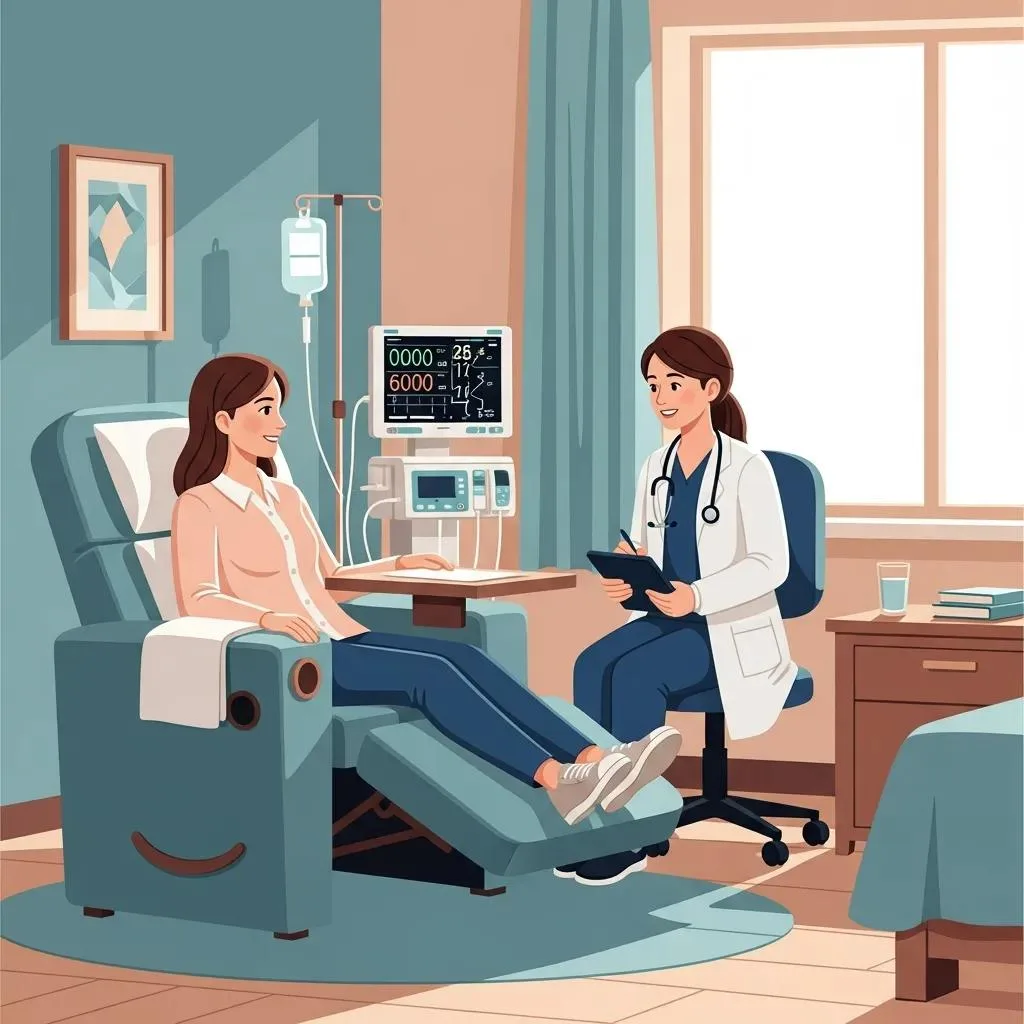 Patient receiving care in a medical detox program, relaxed in a recliner chair, with a healthcare provider discussing treatment options, medical equipment monitoring vitals in a supportive treatment environment.