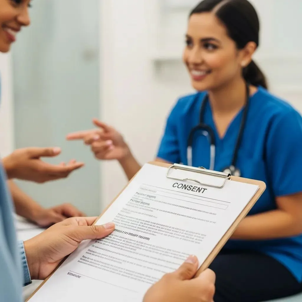 Patient Reviewing Consent Form With Staff Member, Highlighting Privacy Rights In Recovery