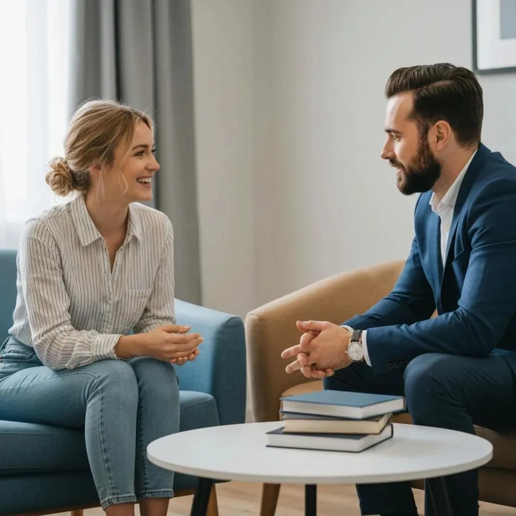 Patient sharing experience with a counselor in a supportive therapy session, emphasizing compassionate communication and professionalism in addiction treatment.