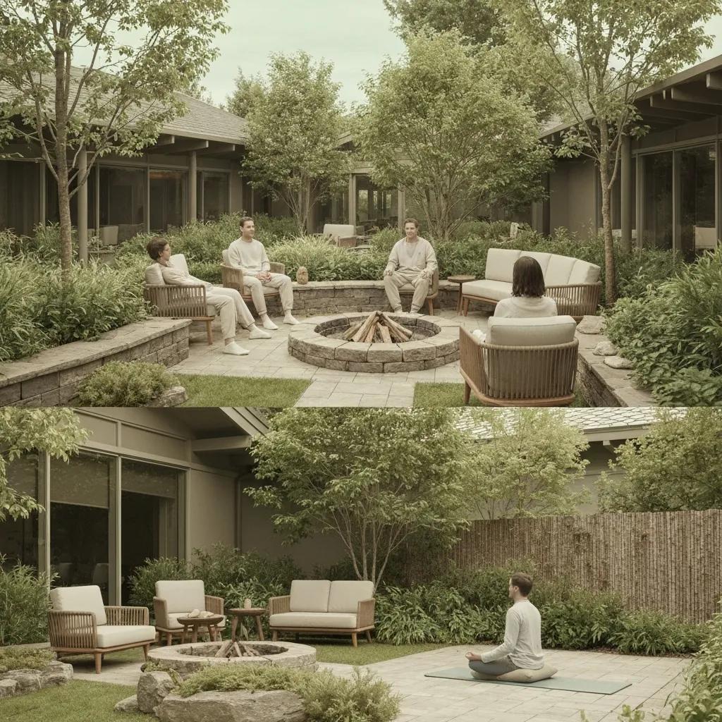 Peaceful Outdoor Space At An Inpatient Rehab Center With People Taking Part In Supportive Activities