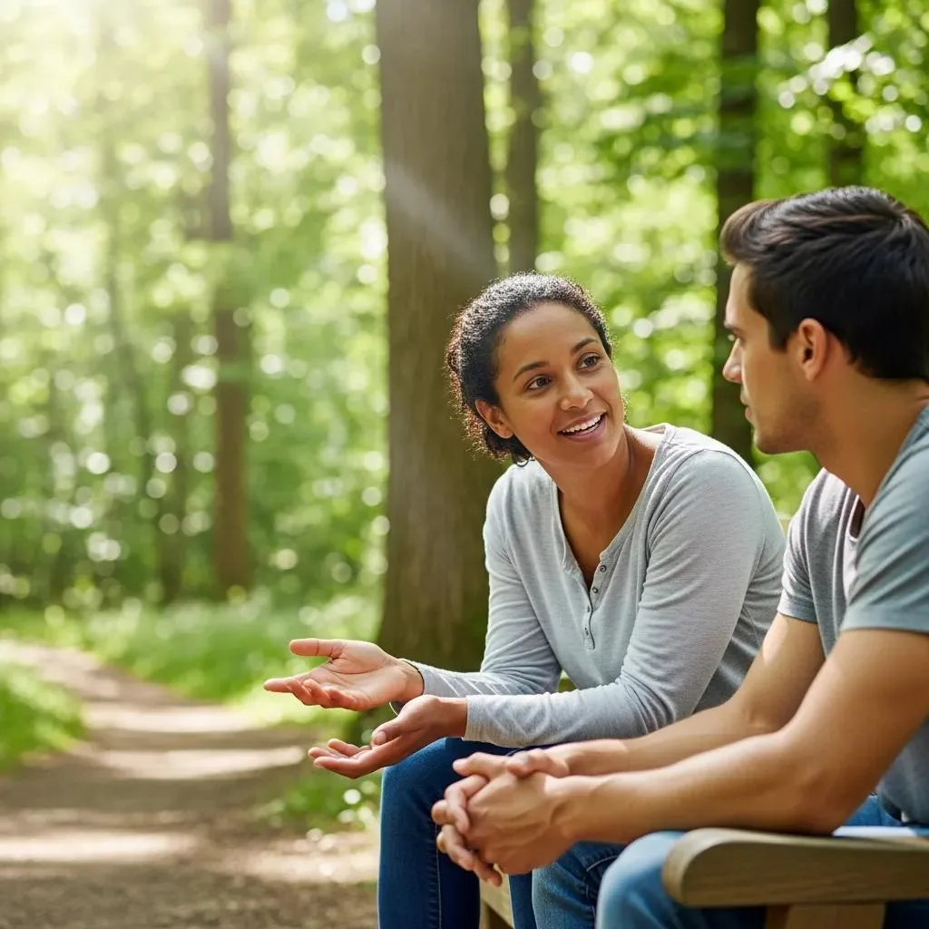 Betterchoice Alumni Program Las Vegas Peer mentor engaging in supportive conversation with an alumni member in a serene outdoor setting, emphasizing connection and recovery.