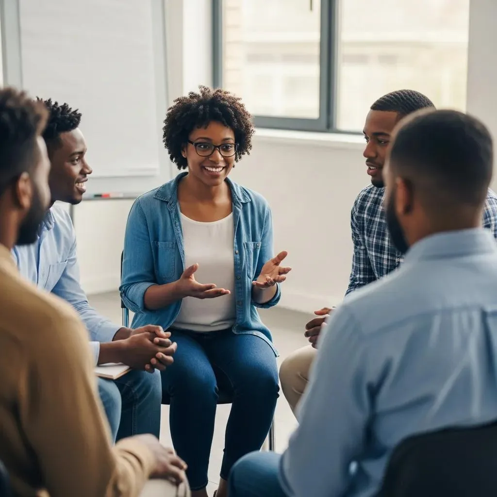 Group therapy session with participants engaging in discussion, sharing experiences, and providing support in a peer support environment.
