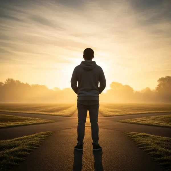 Person At A Crossroads Symbolizing The Journey Of Addiction Recovery With A Sunrise In The Background