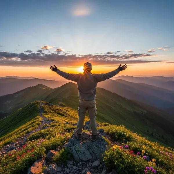 Person Celebrating Recovery On A Mountain Peak At Sunrise, Symbolizing Purpose And New Beginnings