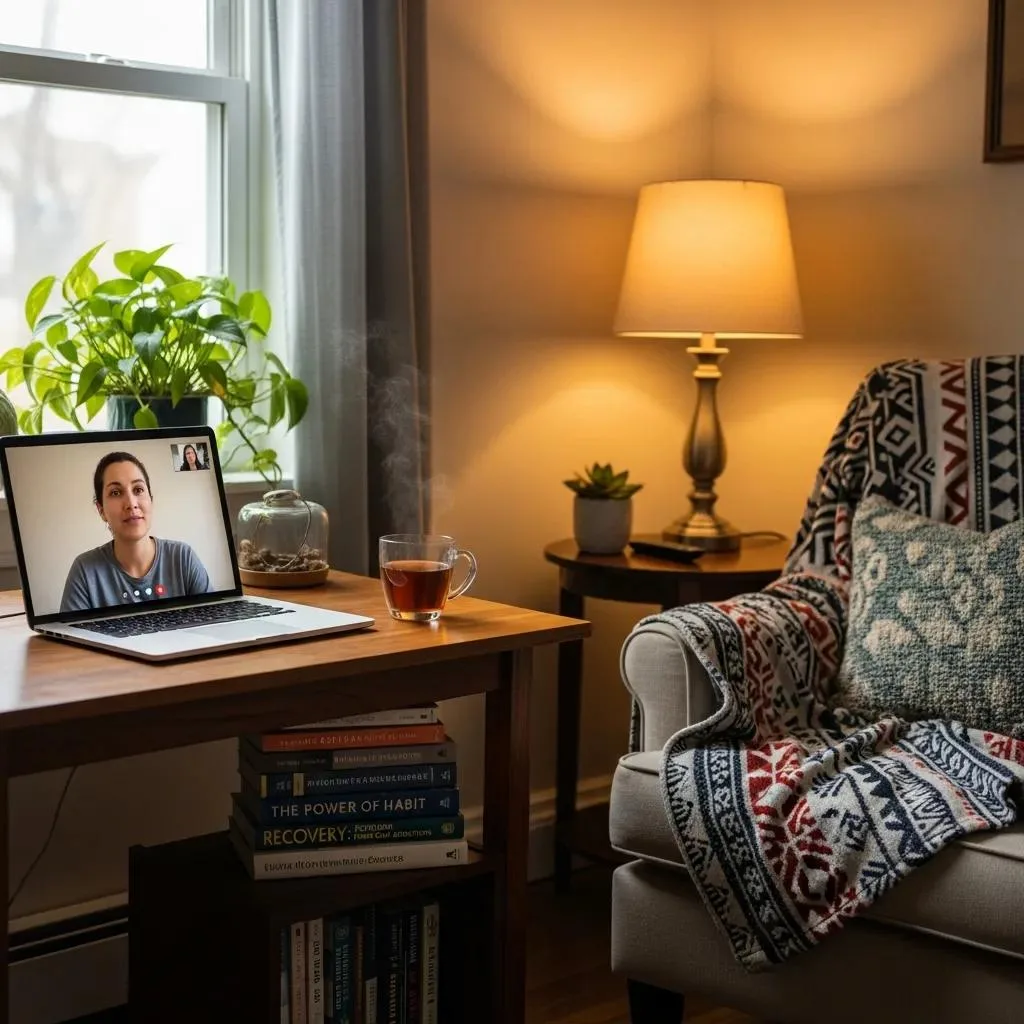 Person engaged in virtual therapy session on laptop at home, emphasizing flexible outpatient recovery options for heroin addiction, with tea and books on table.