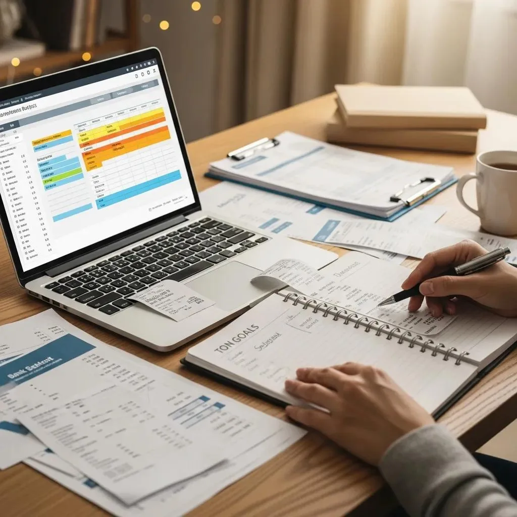 Developing Life Skills For Long-Term Recovery Person managing finances with a laptop and planner, emphasizing financial literacy skills for sober living, surrounded by budgeting documents and receipts.