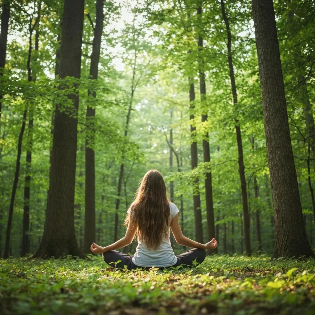 Person meditating in a tranquil forest, symbolizing nature therapy and spiritual growth in addiction recovery.