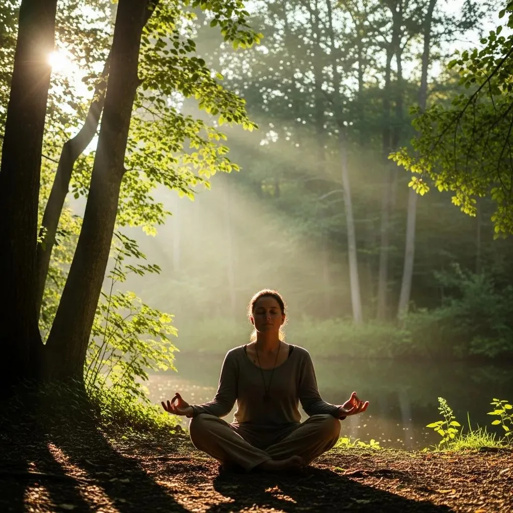 Meditation In Recovery: Reducing Stress &Amp; Cravings Person meditating in serene forest setting, embodying mindfulness and tranquility, with sunlight filtering through trees, symbolizing stress reduction and recovery practices.
