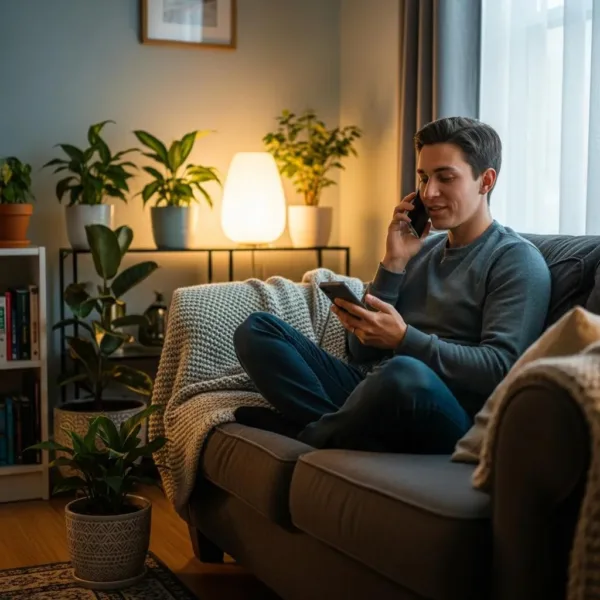 Blogs Person sitting on a couch in a cozy environment, talking on the phone and holding a smartphone, surrounded by plants, representing emotional support and connection to addiction hotlines.