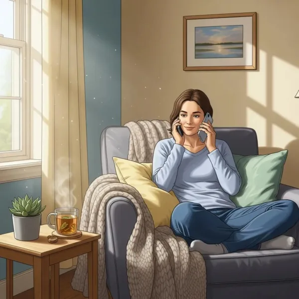 Person On The Phone In A Cozy Room, Representing Mental Health Support And Crisis Hotline Assistance