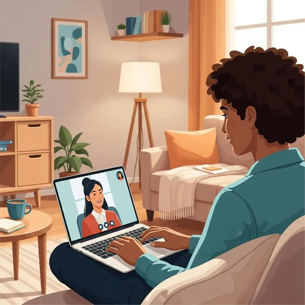 Telehealth In Addiction Treatment: Virtual Care Person participating in a telehealth addiction treatment session on a laptop at home, showcasing the comfort and accessibility of virtual care in a cozy living room setting.