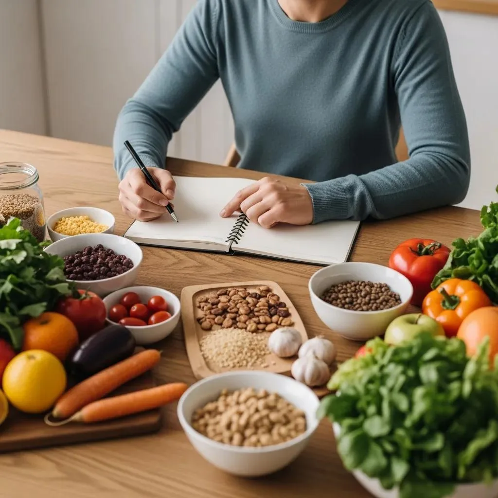 Nutrition &Amp; Diet For Addiction Recovery Person planning meals in a notebook surrounded by fresh vegetables, fruits, and healthy ingredients, emphasizing mindful eating and meal planning for recovery.