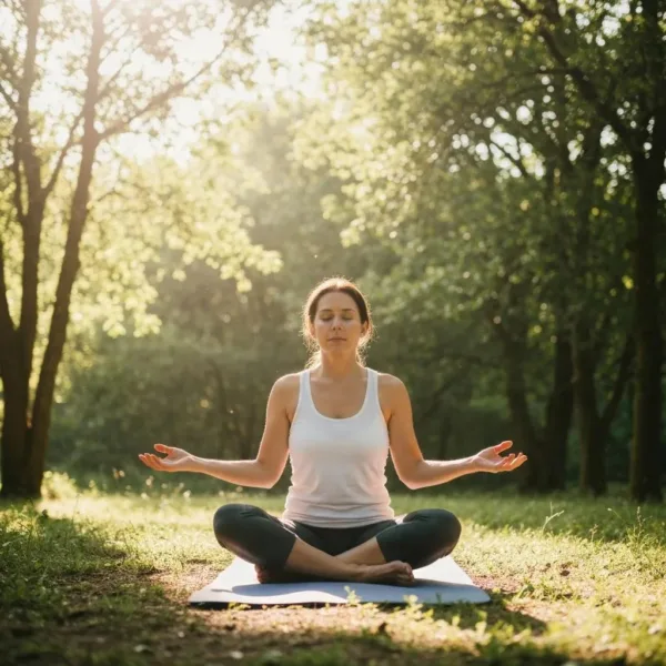 Person Practicing Deep Breathing Exercises Outdoors, Surrounded By Nature, Promoting Relaxation And Recovery