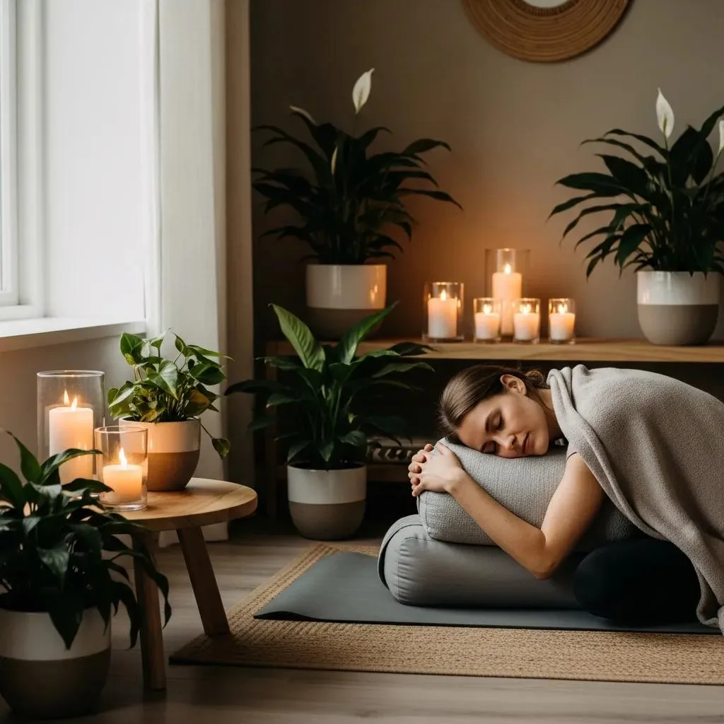 Sleep Hygiene For Addiction Recovery &Amp; Wellness Person practicing gentle restorative yoga in a serene indoor environment, surrounded by plants and candles, promoting relaxation and sleep quality during addiction recovery.