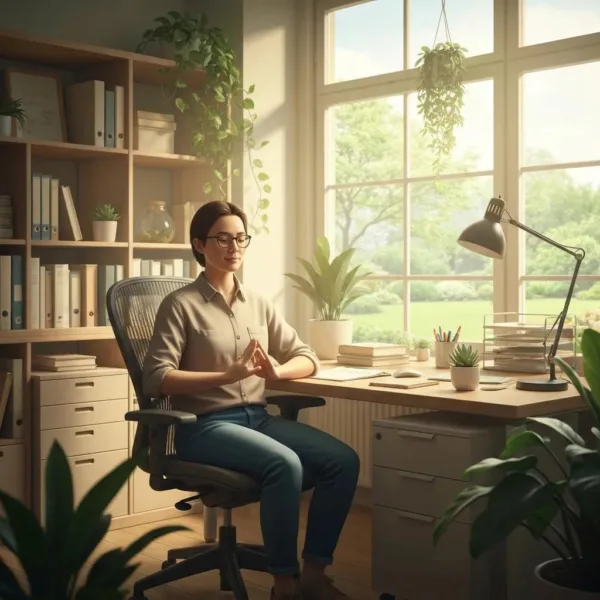 Person Practicing Mindfulness In A Serene Office Setting, Emphasizing Workplace Stress Management In Recovery