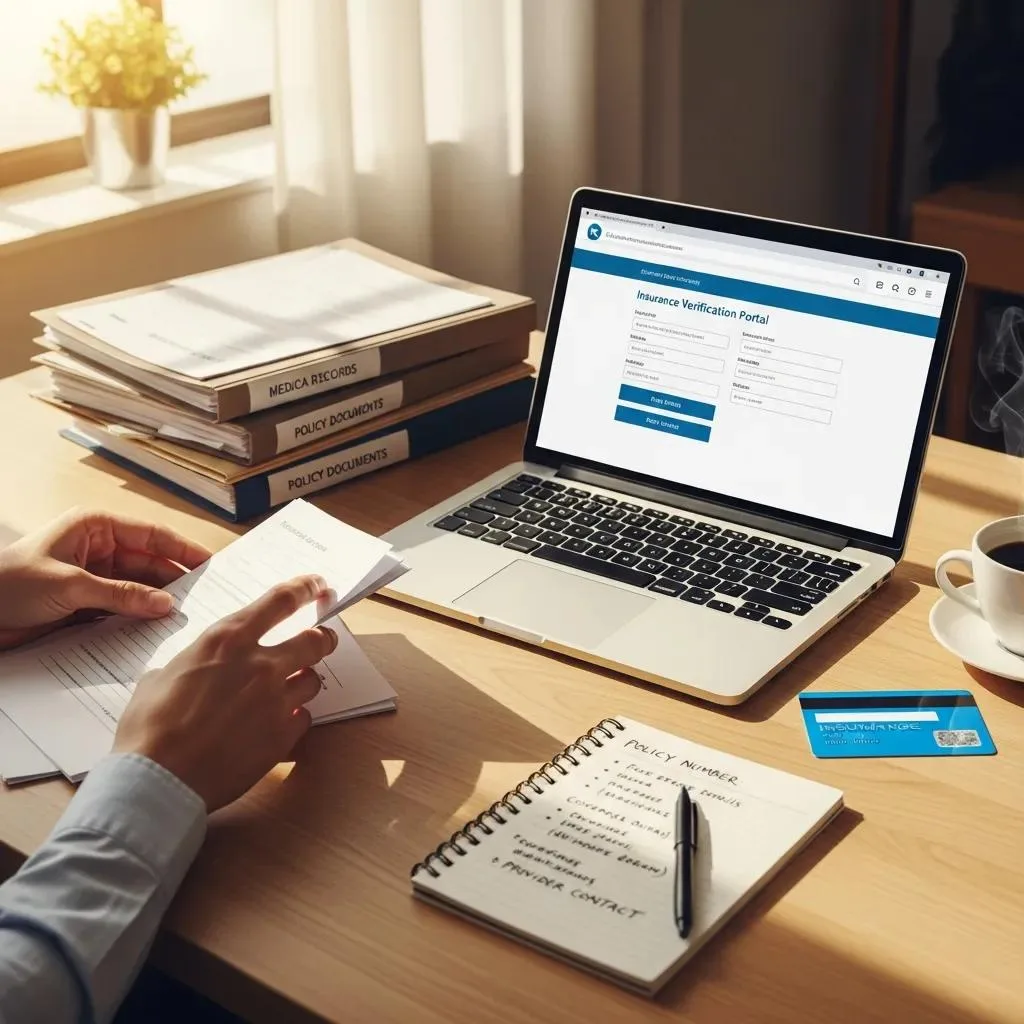Person Organizing Documents And Insurance Information Ahead Of A Benefits Check