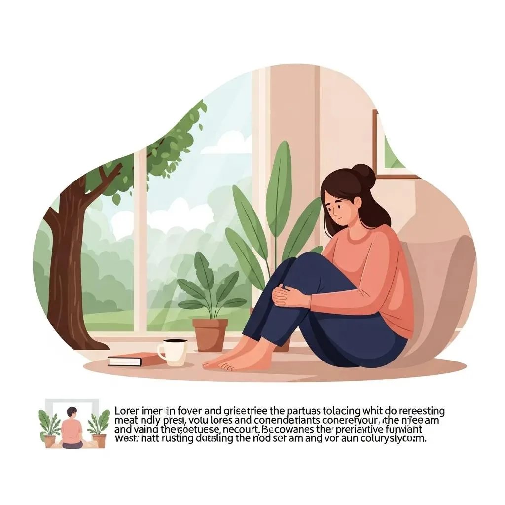 Grief &Amp; Loss In Recovery: Healthy Coping Strategies Person reflecting on grief in a serene indoor environment, surrounded by plants, sitting on a cozy floor with a cup and a book, symbolizing healthy coping strategies in recovery.
