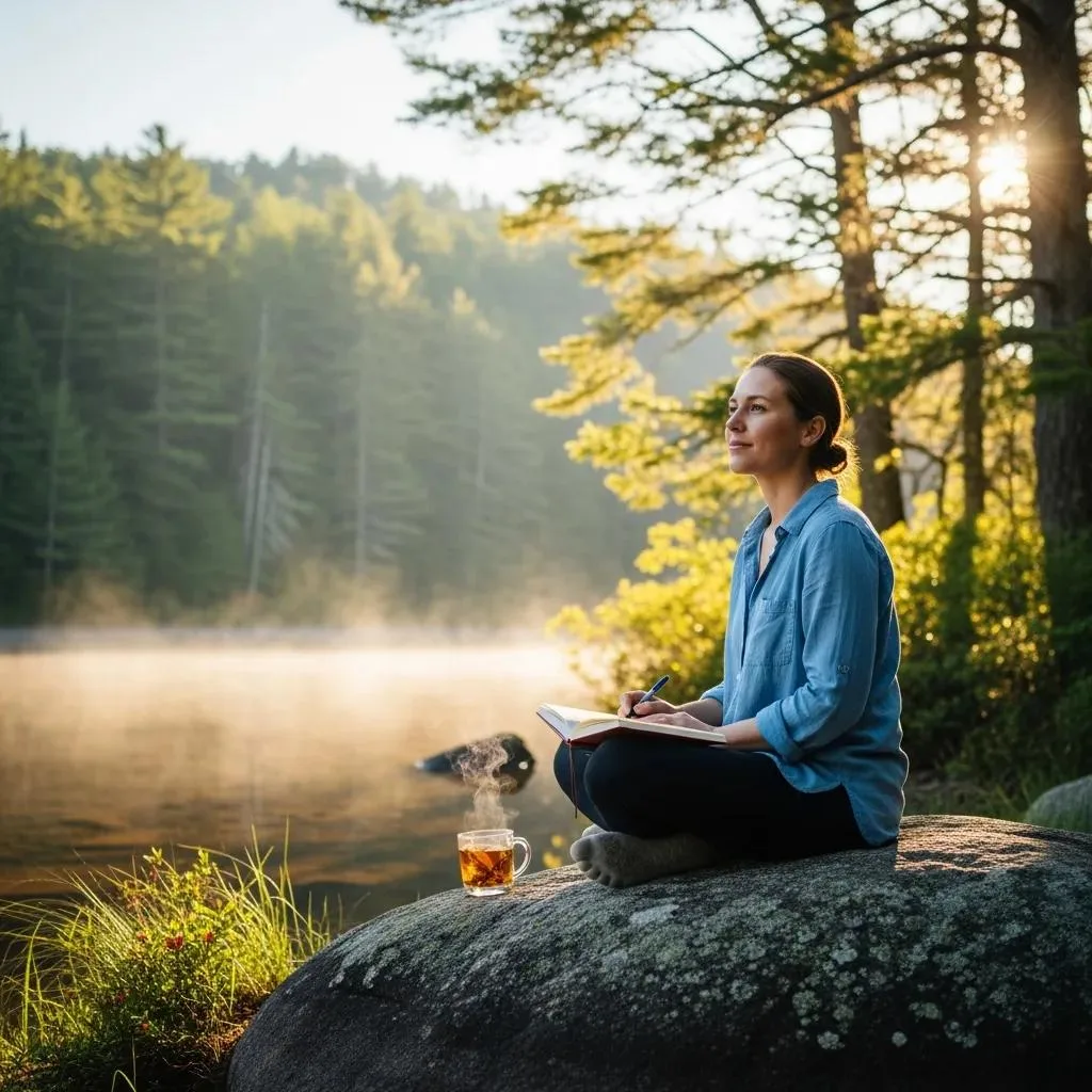 Relapse Prevention Strategies For Long-Term Sobriety Person reflecting on sobriety journey while writing in a notebook, seated on a rock by a serene lake, with a cup of steaming tea, symbolizing hope and resilience in recovery.