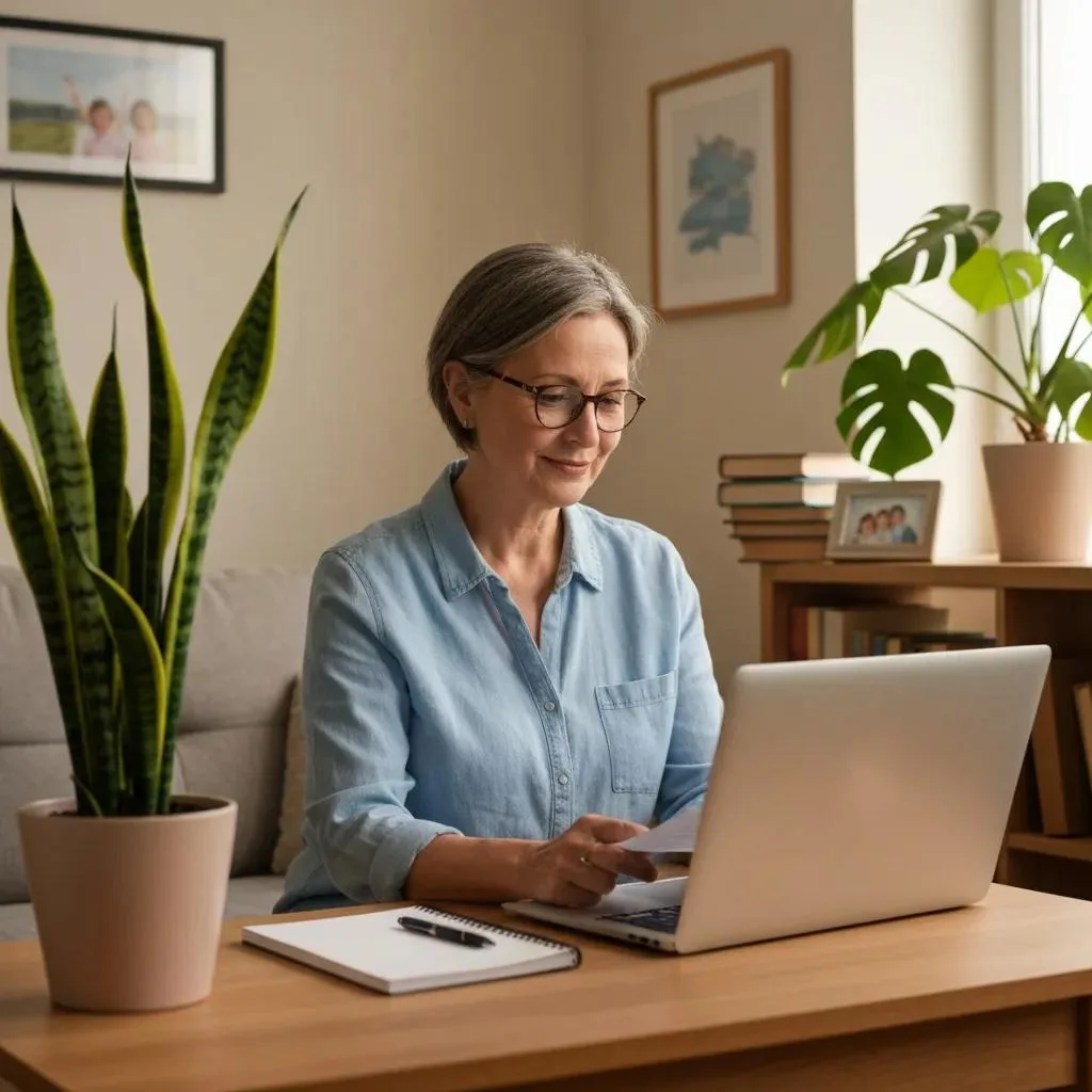 Debt Management Strategies In Addiction Recovery Woman reviewing budget on laptop in cozy living room, illustrating effective budgeting strategies for addiction recovery.
