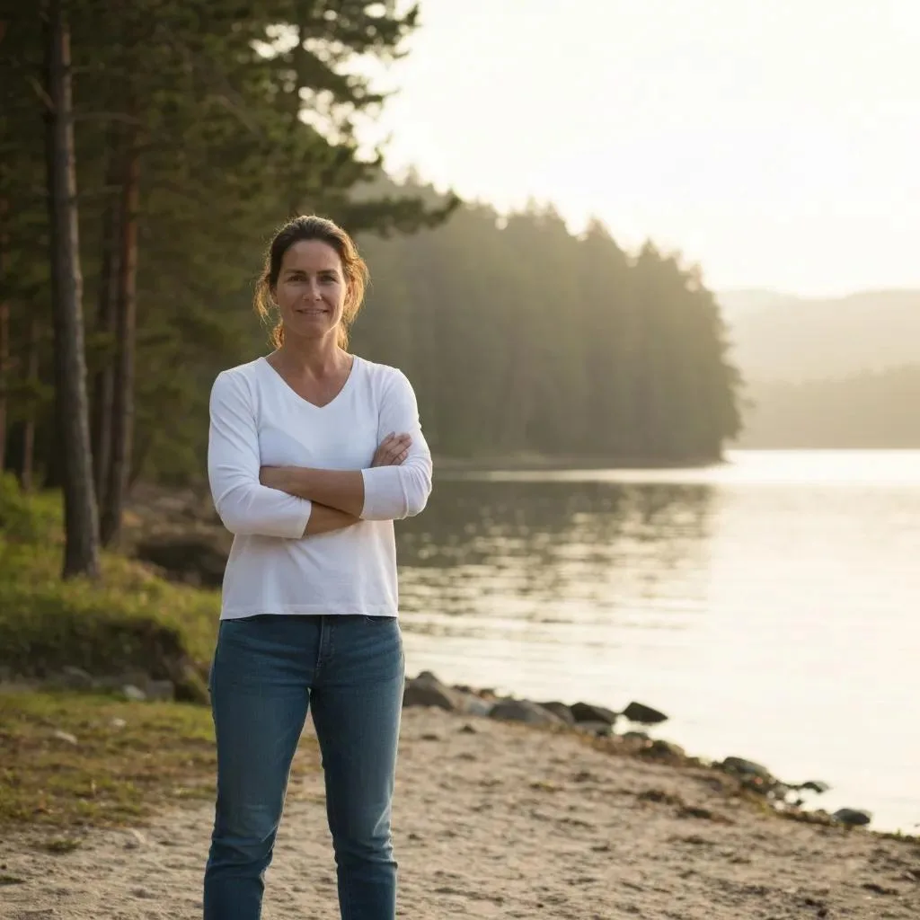 Person standing confidently by a serene lake, symbolizing healthy boundaries in addiction recovery, surrounded by trees and soft sunlight.