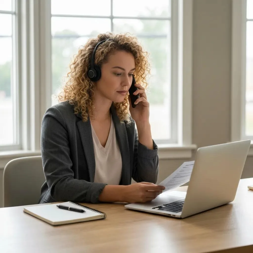 Woman in a gray blazer on a phone call, verifying Aetna insurance benefits for addiction treatment, with a laptop and notepad on the desk.