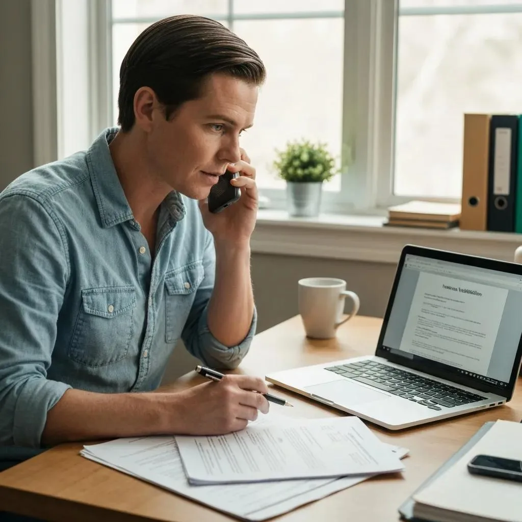 Man on phone verifying insurance benefits for addiction treatment, surrounded by paperwork and a laptop in a home office setting.