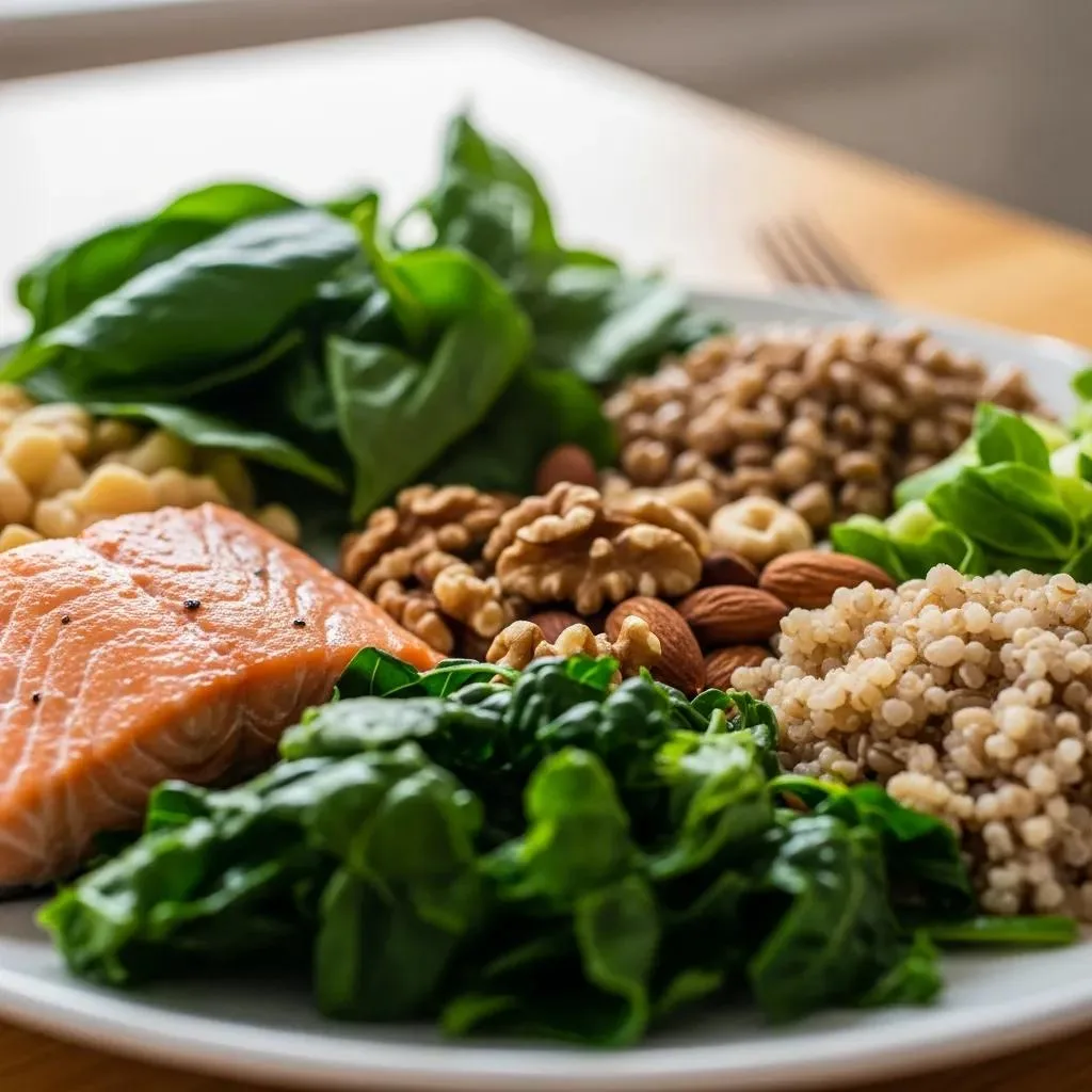 Healthy Eating For Addiction Recovery &Amp; Brain Health Plate of nutrient-dense foods including salmon, spinach, nuts, and quinoa, emphasizing healthy eating for brain health and recovery in addiction treatment.