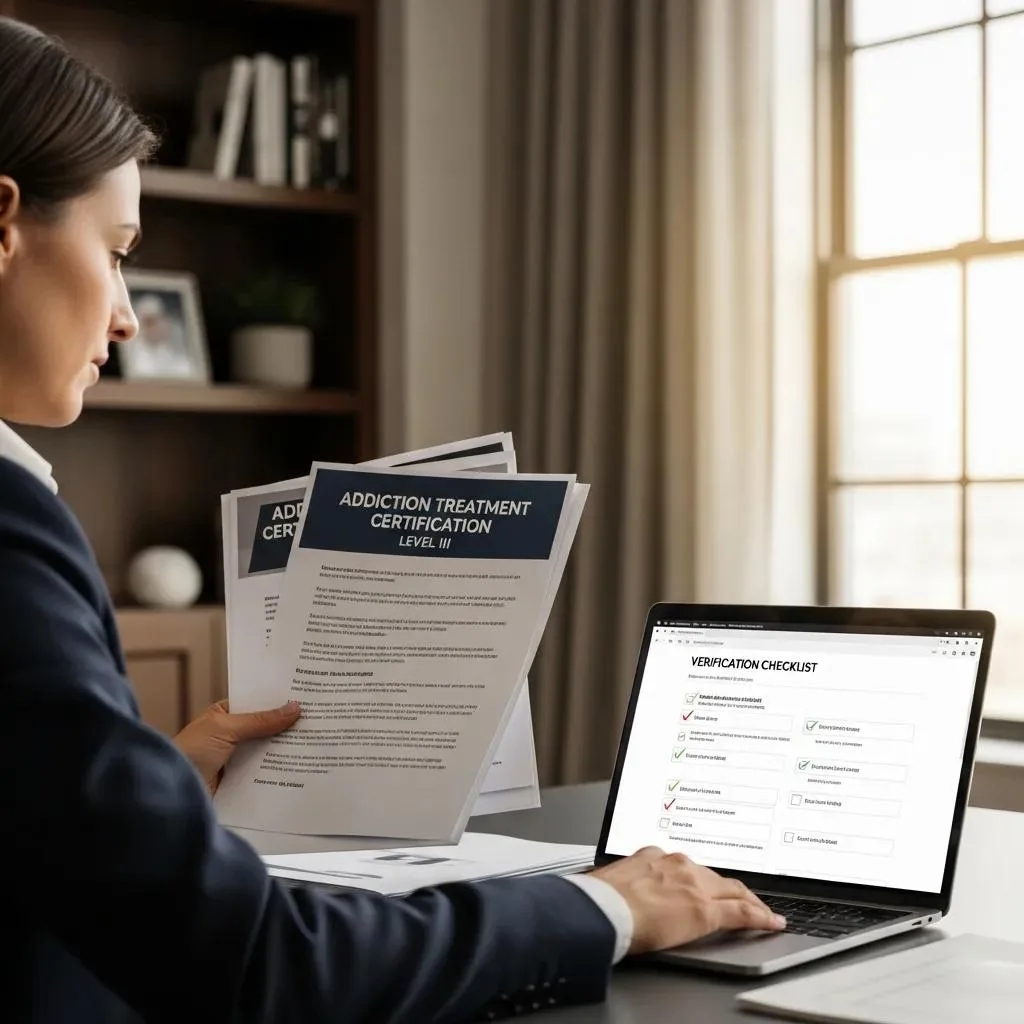Legitscript Certification For Addiction Treatment Professional reviewing addiction treatment certification documents and verification checklist on laptop, emphasizing LegitScript certification importance for ethical care.
