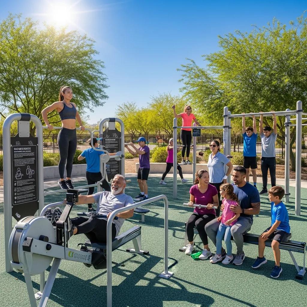 Las Vegas Parks &Amp; Recreation For Healthy Living Outdoor fitness area in Las Vegas with diverse group of people engaging in exercise activities, including adults and children using exercise equipment, promoting community health and well-being.