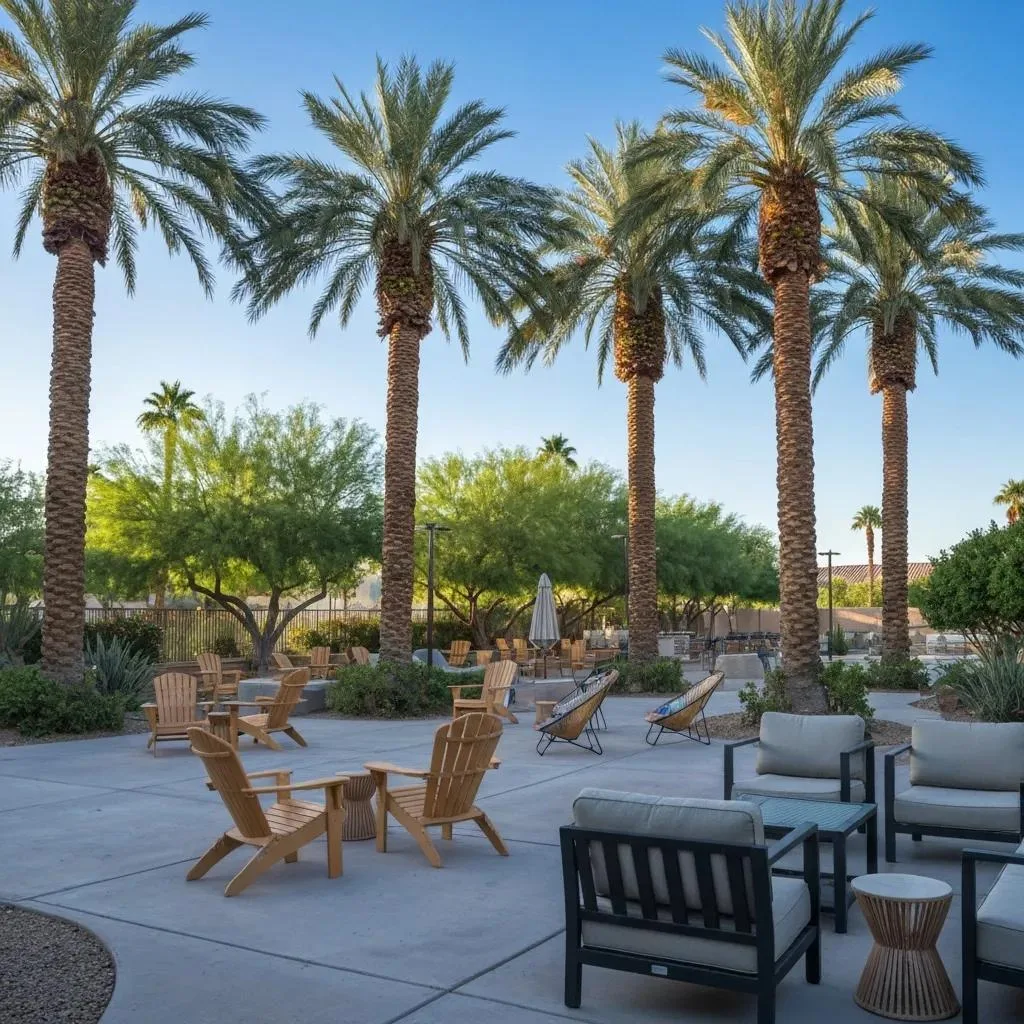 Serene outdoor space at a Las Vegas rehabilitation center featuring palm trees, comfortable seating, and a tranquil atmosphere, symbolizing hope and recovery for meth addiction treatment.