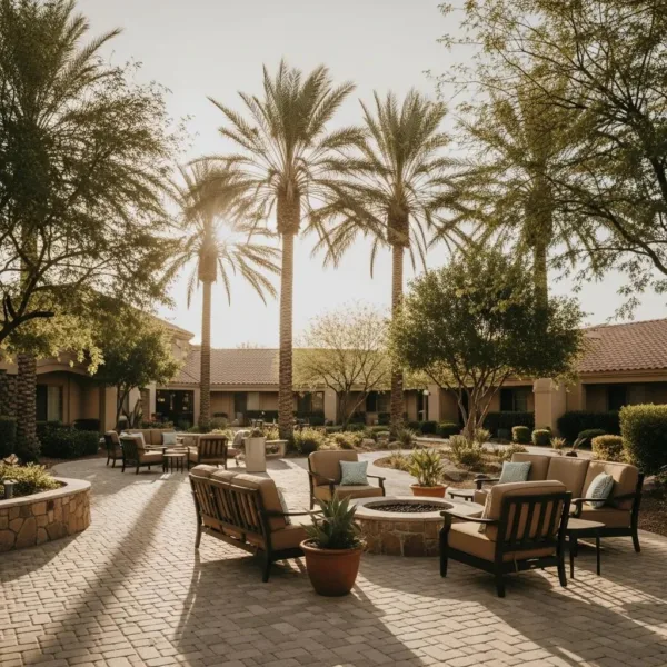 Serene Rehab Facility In Las Vegas With Palm Trees And Comfortable Seating, Symbolizing Hope And Recovery