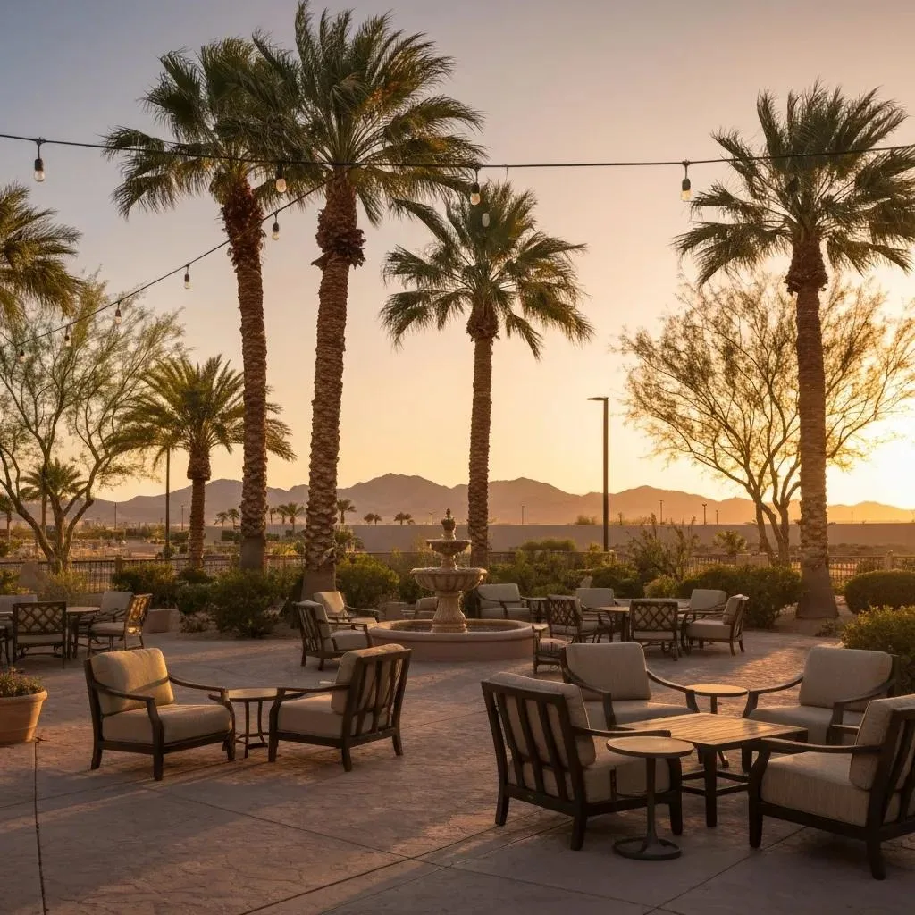 Understanding Average Costs Of Addiction Treatment Programs In Las Vegas: A Comprehensive Guide Serene outdoor seating area at BetterChoice Treatment Center in Las Vegas, featuring palm trees and a fountain, symbolizing hope and recovery during sunset.
