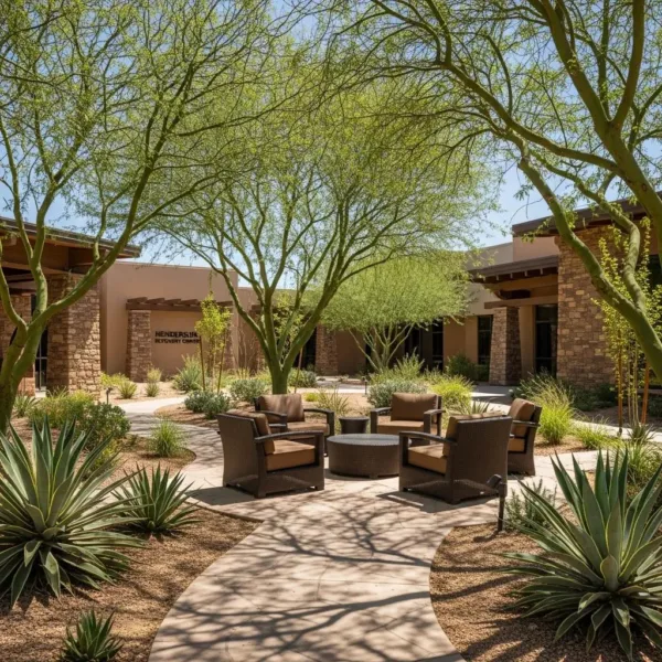 Blogs Serene outdoor environment at BetterChoice Treatment Center in Henderson, Nevada, featuring a circular seating area with chairs around a fire pit, surrounded by lush greenery and desert landscaping, reflecting a peaceful atmosphere for integrated care and recovery.