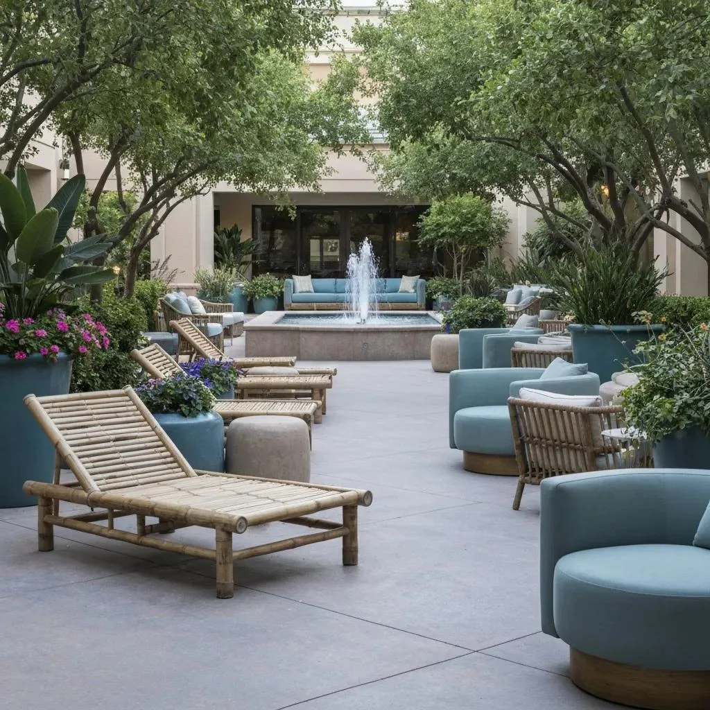 Dual Diagnosis Treatment In Las Vegas, Nv Serene outdoor space at BetterChoice Treatment Center in Las Vegas, featuring comfortable seating, lush greenery, and a central fountain, designed for relaxation and recovery during dual diagnosis treatment.