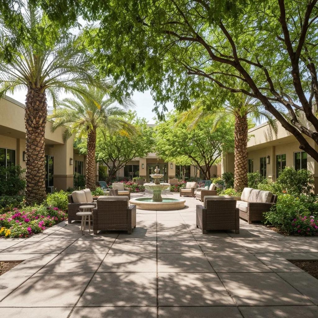 Discover Effective Addiction Therapy Options In Las Vegas Inviting outdoor space at BetterChoice Treatment Center in Las Vegas, featuring a fountain, comfortable seating, and lush greenery, promoting a serene environment for addiction recovery.