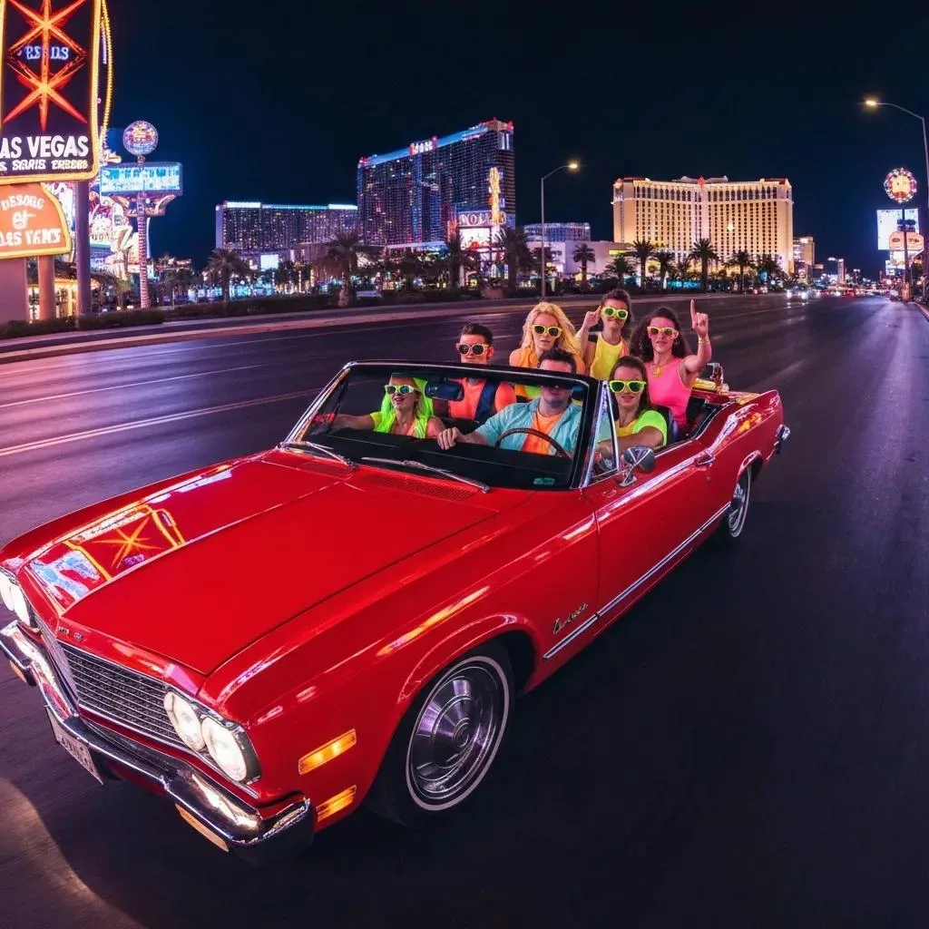 Comprehensive Guide To Addiction Treatment Costs And Financing In Las Vegas Group of friends wearing colorful sunglasses and neon clothing, joyfully riding in a red convertible on the Las Vegas Strip at night, with vibrant neon lights and iconic casinos in the background, reflecting the lively atmosphere of Las Vegas nightlife.