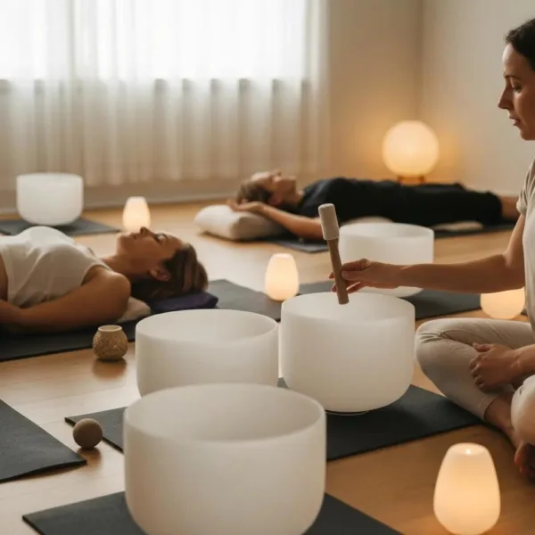 Sound Bath Therapy Session With Crystal Singing Bowls And Relaxed Participants In A Tranquil Environment