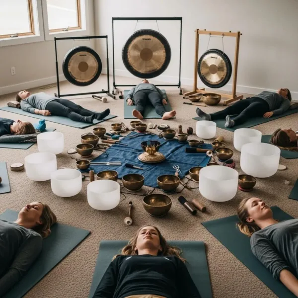 Sound Bath Therapy Session With Participants Relaxing Around Crystal Singing Bowls And Gongs