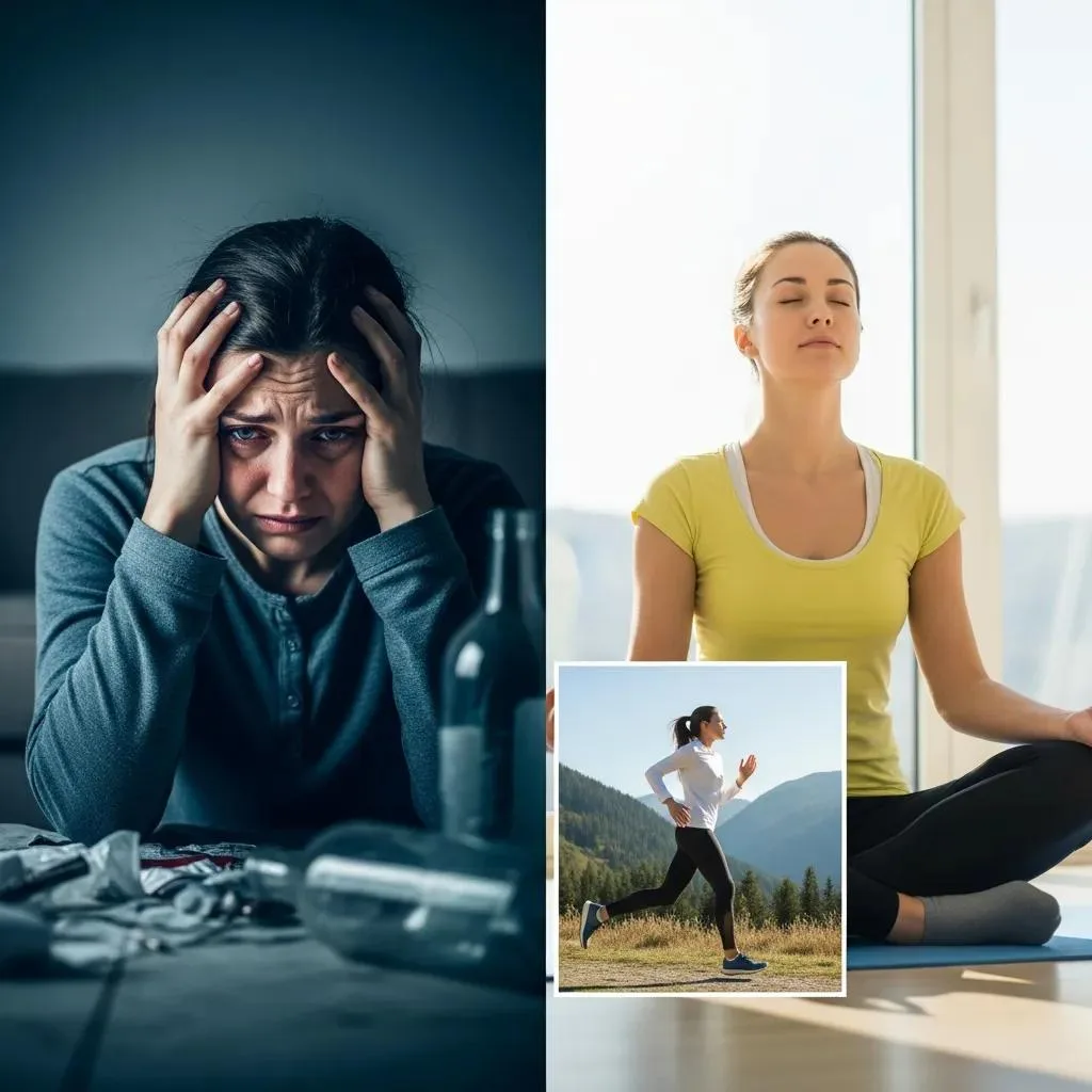 Split Image Showing The Impact Of Addiction On Emotional Health And The Transition To Recovery